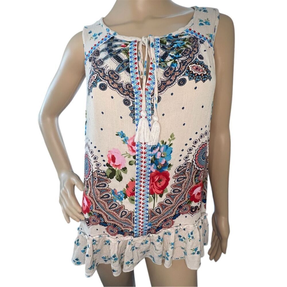 Bila Boho Floral Peplum Lightweight Sleeveless Blouse With Tassels